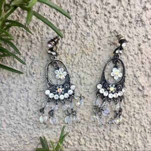 Flower Rhinestone chandelier earrings silver retro